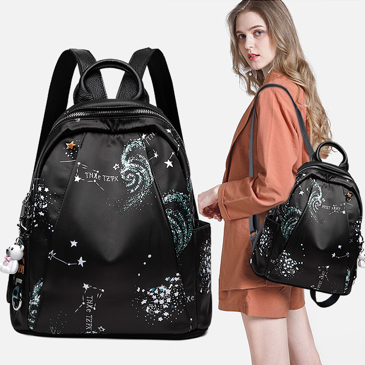 牛津布真皮双肩包女2020新款韩版尼龙百搭星空休闲女士防盗背包潮