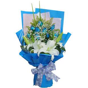 适配福州鲜花速递 11朵蓝色妖姬花束 蓝玫瑰百合 生日鲜花 实体花