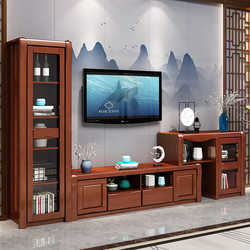 中式实木电视柜墙柜组合客厅整体电视背景柜简约现代橡木影视地柜
