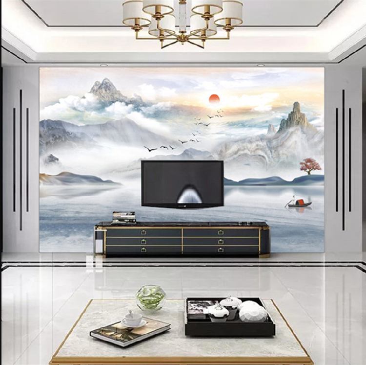 电视背景墙布客厅中式大气8d仿大理石纹山水风景画壁纸影视墙壁画