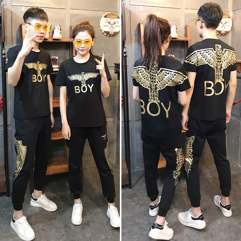 2020夏季老鹰烫金翅膀boy潮牌男士套装纯棉短袖 长裤情侣装两件套