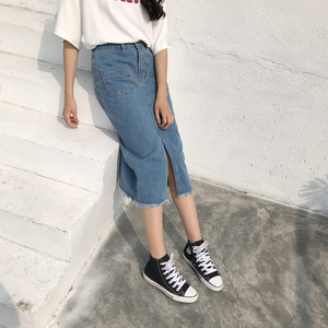 A字裙半身裙中长款高腰韩版宽松中裙开叉复古牛仔裙长裙子女夏春半身裙