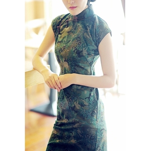唐之语旗袍/春夏新品 复古文艺 亚麻高领平肩小连袖长款旗袍 慕南旗袍长款