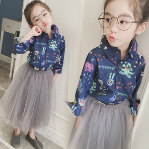 女童打底衫春秋儿童韩版卡通长袖衬衣童装中大童百搭牛仔衬衫上衣儿童衬衫
