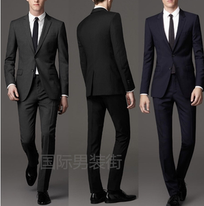 代购男士西服套装修身羊毛深灰色职业西装商务正装结婚礼服加大码西服套装