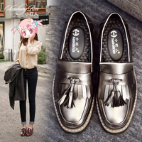 春秋新款粗跟单鞋女英伦风复古平底女鞋流苏漆皮乐福鞋小皮鞋厚底