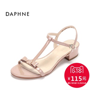 Daphne/达芙妮夏季新款中跟露趾凉鞋 甜美蝴蝶结丁字扣带粗跟女鞋女鞋
