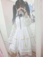 - 黑与白之歌十字架-网纱拼接连衣裙日系洛丽塔