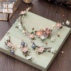 绿色皮花朵新娘头饰森系超仙发箍发带韩式甜美复古结婚纱礼服饰品新娘饰品