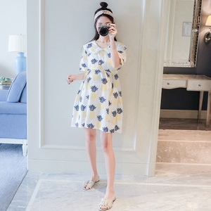 孕妇连衣裙夏季中长款短袖碎花纯棉哺乳裙宽松韩版孕妇装夏装上衣哺乳装